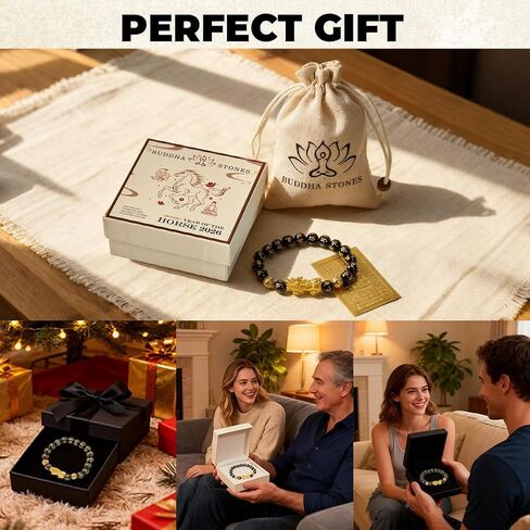 Feng Shui Bracelet, Gilded Pixiu with Black Obsidian, Unisex Adjustable Good Luck Bracelet, Wealth and Luck Aura Stone for Positive Energy & Abundance, Includes Gift Box & Card - 10mm in Kuwait