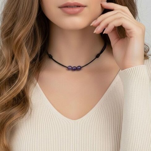 Luck Strings Amethyst Triple Bead Choker Necklace, Adjustable Wax Nylon Cord, Waterproof Boho Minimalist Choker, Unisex February Birthstone Gift in Saudi Arabia