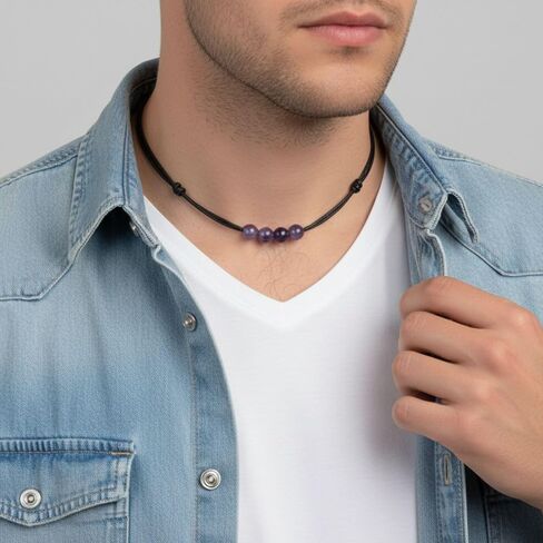 Luck Strings Amethyst Triple Bead Choker Necklace, Adjustable Wax Nylon Cord, Waterproof Boho Minimalist Choker, Unisex February Birthstone Gift in Saudi Arabia
