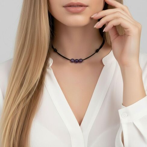 Luck Strings Amethyst Triple Bead Choker Necklace, Adjustable Wax Nylon Cord, Waterproof Boho Minimalist Choker, Unisex February Birthstone Gift in Saudi Arabia