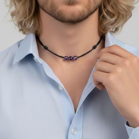 Luck Strings Amethyst Triple Bead Choker Necklace, Adjustable Wax Nylon Cord, Waterproof Boho Minimalist Choker, Unisex February Birthstone Gift in Saudi Arabia