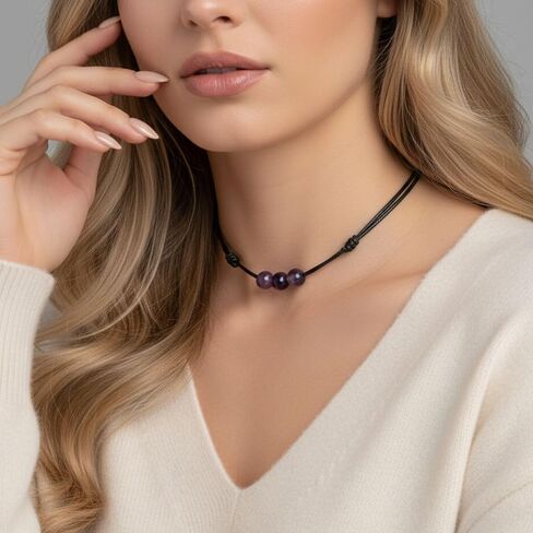 Luck Strings Amethyst Triple Bead Choker Necklace, Adjustable Wax Nylon Cord, Waterproof Boho Minimalist Choker, Unisex February Birthstone Gift in Saudi Arabia