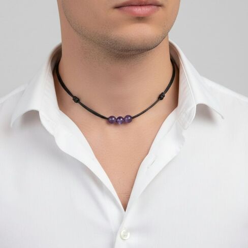 Luck Strings Amethyst Triple Bead Choker Necklace, Adjustable Wax Nylon Cord, Waterproof Boho Minimalist Choker, Unisex February Birthstone Gift in Saudi Arabia