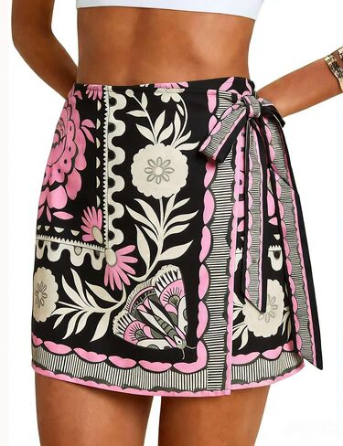 تنورة نسائية قصيرة ملفوفة للصيف، تنانير بطبعة استوائية بنقشة الزهور، تنانير شاطئ قصيرة غير رسمية بخصر عالٍ in Kuwait