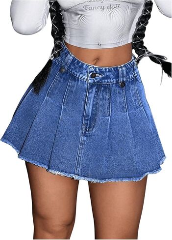 OYOANGLE Women's Zipper Fly Pleated Mini Cowgirl Skirt Raw Hem Country Concert Denim Skirts in Saudi Arabia