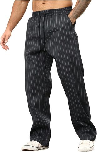 Men's Casual Striped Pants Drawstring Waist Straight Leg Lounge Pants Business Work Slacks Trousers in Saudi Arabia