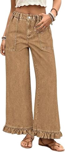 chouyatou Women's 2026 Ruffle Hem Wide Leg Jeans Elastic Waist Denim Pants Boyfriend Baggy Jeans Palazzo Pants in Saudi Arabia