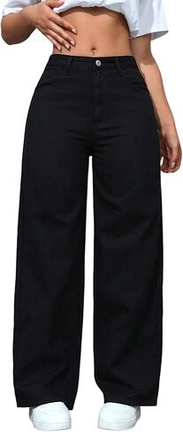 جينز نسائي من EARKOHA، جينز بسيط للارتداء اليومي، أسود فضفاض بأرجل مستقيمة in Kuwait