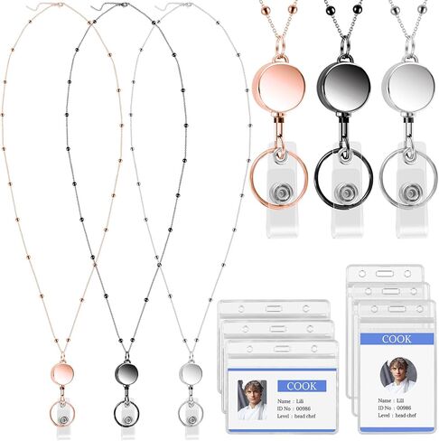 3 Pcs Lanyard Necklace for Id Badges, Beaded Badge Lanyards with Waterproof Id Card Holders, Stainless Steel Badge Chain with Retractable Badges Reel Clips for Adults, Nurse, Teacher in Saudi Arabia