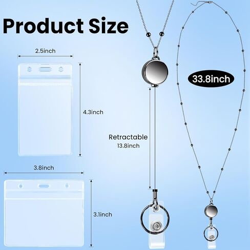 3 Pcs Lanyard Necklace for Id Badges, Beaded Badge Lanyards with Waterproof Id Card Holders, Stainless Steel Badge Chain with Retractable Badges Reel Clips for Adults, Nurse, Teacher in Saudi Arabia