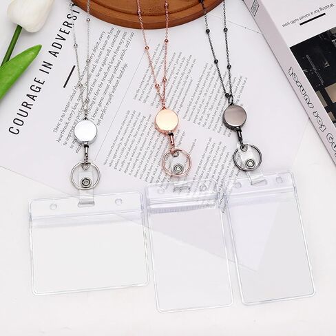3 Pcs Lanyard Necklace for Id Badges, Beaded Badge Lanyards with Waterproof Id Card Holders, Stainless Steel Badge Chain with Retractable Badges Reel Clips for Adults, Nurse, Teacher in Saudi Arabia