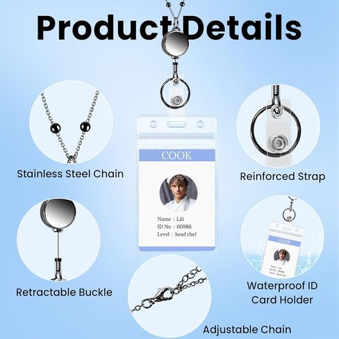 3 Pcs Lanyard Necklace for Id Badges, Beaded Badge Lanyards with Waterproof Id Card Holders, Stainless Steel Badge Chain with Retractable Badges Reel Clips for Adults, Nurse, Teacher in Saudi Arabia