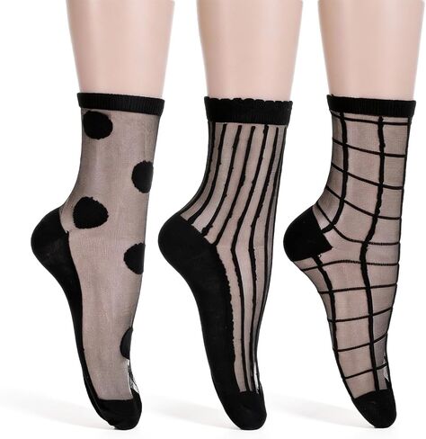 Yolev 3 Pairs Sheer Socks Black Sheer Ankle Socks for Women Ultra Thin Transparent See Through Sock One Size Stripes and Geometric in Saudi Arabia
