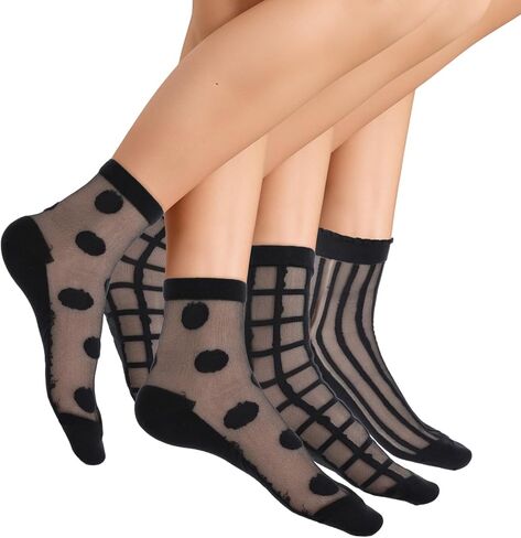 Yolev 3 Pairs Sheer Socks Black Sheer Ankle Socks for Women Ultra Thin Transparent See Through Sock One Size Stripes and Geometric in Saudi Arabia