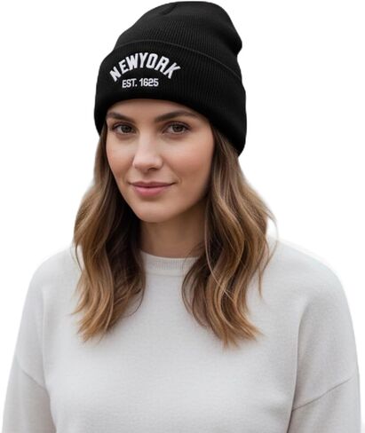New York Winter Knit Beanie with Logo, Unisex - One Size - Black Color, Insulated Comfy Hats, Cuffed Design in Saudi Arabia