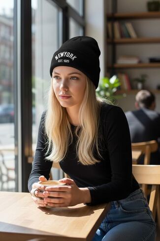 New York Winter Knit Beanie with Logo, Unisex - One Size - Black Color, Insulated Comfy Hats, Cuffed Design in Saudi Arabia