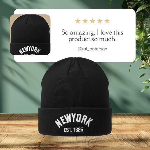New York Winter Knit Beanie with Logo, Unisex - One Size - Black Color, Insulated Comfy Hats, Cuffed Design in Saudi Arabia