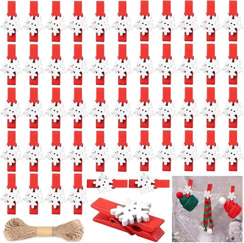 Christmas Card Clips, 50Pcs Mini Christmas Tree Wood Clips with 10 Meter Hemp Rope for Hanging Cards Photo Paper in Saudi Arabia