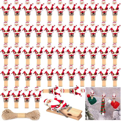 Christmas Card Clips, 50Pcs Mini Christmas Tree Wood Clips with 10 Meter Hemp Rope for Hanging Cards Photo Paper in Saudi Arabia