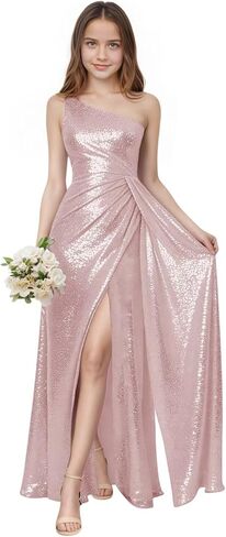 Sequin Junior Bridesmaid Dresses One Shoulder Flower Girl Dresses Long Ruffle Girls Formal Dress with Slit in Kuwait