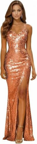 Spaghetti Straps Sparkly Sequin Prom Dresses for Teens 2026 Long Mermaid V Neck Formal Evening Gown with Slit in Saudi Arabia