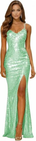 Spaghetti Straps Sparkly Sequin Prom Dresses for Teens 2026 Long Mermaid V Neck Formal Evening Gown with Slit in Saudi Arabia