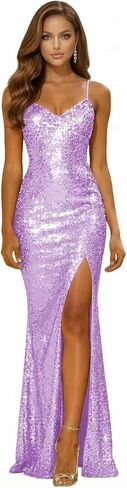 Spaghetti Straps Sparkly Sequin Prom Dresses for Teens 2026 Long Mermaid V Neck Formal Evening Gown with Slit in Saudi Arabia