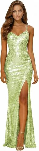Spaghetti Straps Sparkly Sequin Prom Dresses for Teens 2026 Long Mermaid V Neck Formal Evening Gown with Slit in Saudi Arabia