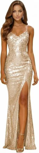 Spaghetti Straps Sparkly Sequin Prom Dresses for Teens 2026 Long Mermaid V Neck Formal Evening Gown with Slit in Saudi Arabia