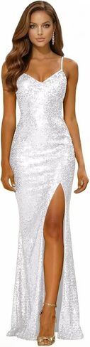 Spaghetti Straps Sparkly Sequin Prom Dresses for Teens 2026 Long Mermaid V Neck Formal Evening Gown with Slit in Saudi Arabia