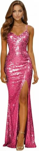 Spaghetti Straps Sparkly Sequin Prom Dresses for Teens 2026 Long Mermaid V Neck Formal Evening Gown with Slit in Saudi Arabia