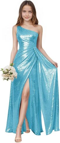 Sequin Junior Bridesmaid Dresses One Shoulder Flower Girl Dresses Long Ruffle Girls Formal Dress with Slit in Saudi Arabia