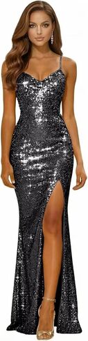 Spaghetti Straps Sparkly Sequin Prom Dresses for Teens 2026 Long Mermaid V Neck Formal Evening Gown with Slit in Kuwait