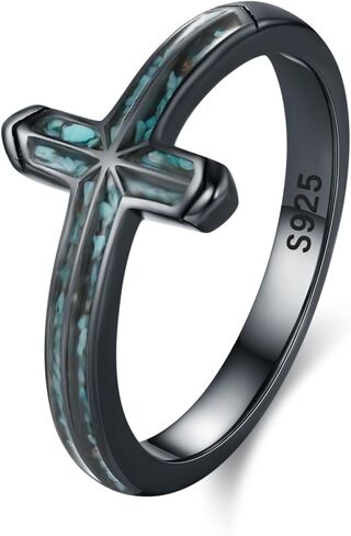 TwoAnts Cross Ring for Men 925 Sterling Silver Western Turquoise Ring Christian Jewelry Gift for Women, 8# 9# 10# in Kuwait