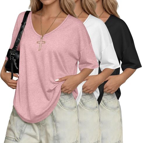 3 Pack Womens Oversized T Shirts V Neck Short Cotton Sleeve Tops Casual Loose Fit Shirts Summer Basic Tee in Saudi Arabia