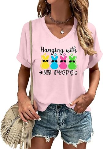 Easter Shirts for Women: Easter Bunny Tshirt Cute Rabbit Graphic T-Shirt Easter Gifts Tops Holiday V Neck Shirt in Saudi Arabia