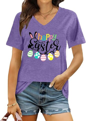 Easter Shirts for Women: Easter Bunny Tshirt Cute Rabbit Graphic T-Shirt Easter Gifts Tops Holiday V Neck Shirt in Saudi Arabia