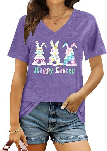 Easter Shirts for Women: Easter Bunny Tshirt Cute Rabbit Graphic T-Shirt Easter Gifts Tops Holiday V Neck Shirt in Saudi Arabia