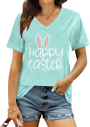 Easter Shirts for Women: Easter Bunny Tshirt Cute Rabbit Graphic T-Shirt Easter Gifts Tops Holiday V Neck Shirt in Saudi Arabia