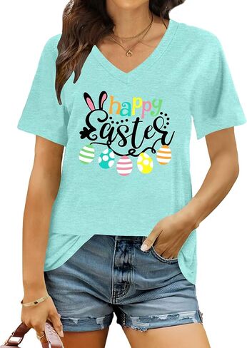 Easter Shirts for Women: Easter Bunny Tshirt Cute Rabbit Graphic T-Shirt Easter Gifts Tops Holiday V Neck Shirt in Saudi Arabia