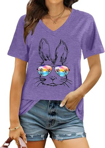 Easter Shirts for Women: Easter Bunny Tshirt Cute Rabbit Graphic T-Shirt Easter Gifts Tops Holiday V Neck Shirt in Saudi Arabia