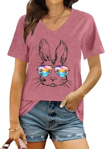 Easter Shirts for Women: Easter Bunny Tshirt Cute Rabbit Graphic T-Shirt Easter Gifts Tops Holiday V Neck Shirt in Saudi Arabia