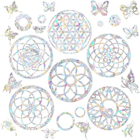 28 pcs Mandala Window Clings, FHDUSRYO Bird Strikes, Glass Door Window Stickers, Stop Birds Flying into Windows, Reusable Prism Rainbow Static Window Decals Glass Doors Decorations in Kuwait
