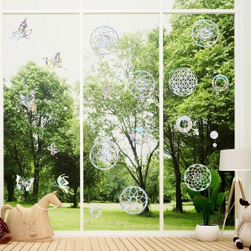 28 pcs Mandala Window Clings, FHDUSRYO Bird Strikes, Glass Door Window Stickers, Stop Birds Flying into Windows, Reusable Prism Rainbow Static Window Decals Glass Doors Decorations in Kuwait