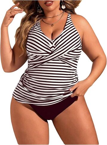 Floerns Women's Plus Size Striped Tankini Swimsuit Twist High Waisted 2 Piece Bathing Suit in Saudi Arabia