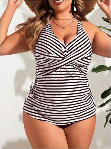 Floerns Women's Plus Size Striped Tankini Swimsuit Twist High Waisted 2 Piece Bathing Suit in Saudi Arabia