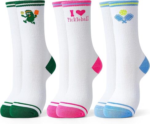 Jeasona Pickleball Socks for Women Pickleball Gifts for Women Pickle Ball Lovers- 3 Pairs Funny Sports Cotton Crew Socks with Arch Support, Athletic Socks US Size 6-9 in Kuwait