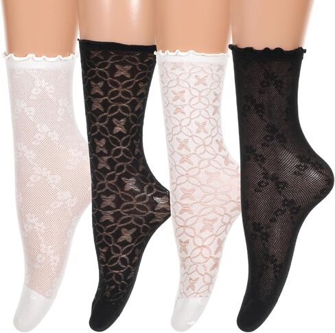 4 Pairs Women's Ruffle Socks, Ruffle Ankle Socks Mesh Lace Frilly Sock Crew Summer Ultra Thin for Women (Black and White) in Saudi Arabia