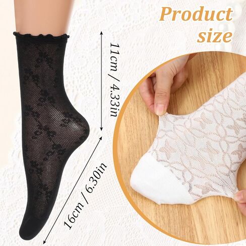 4 Pairs Women's Ruffle Socks, Ruffle Ankle Socks Mesh Lace Frilly Sock Crew Summer Ultra Thin for Women (Black and White) in Saudi Arabia