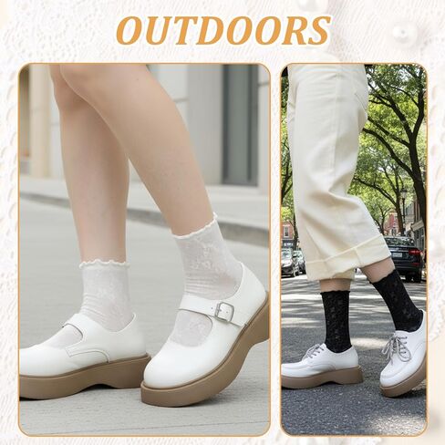4 Pairs Women's Ruffle Socks, Ruffle Ankle Socks Mesh Lace Frilly Sock Crew Summer Ultra Thin for Women (Black and White) in Saudi Arabia